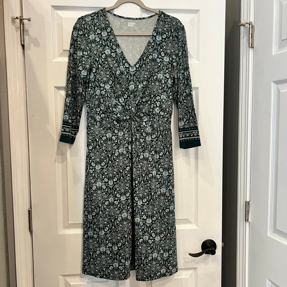 Lands End Dress Cotton Modal Floral Cottagecore Green Blue Feminine Modest M